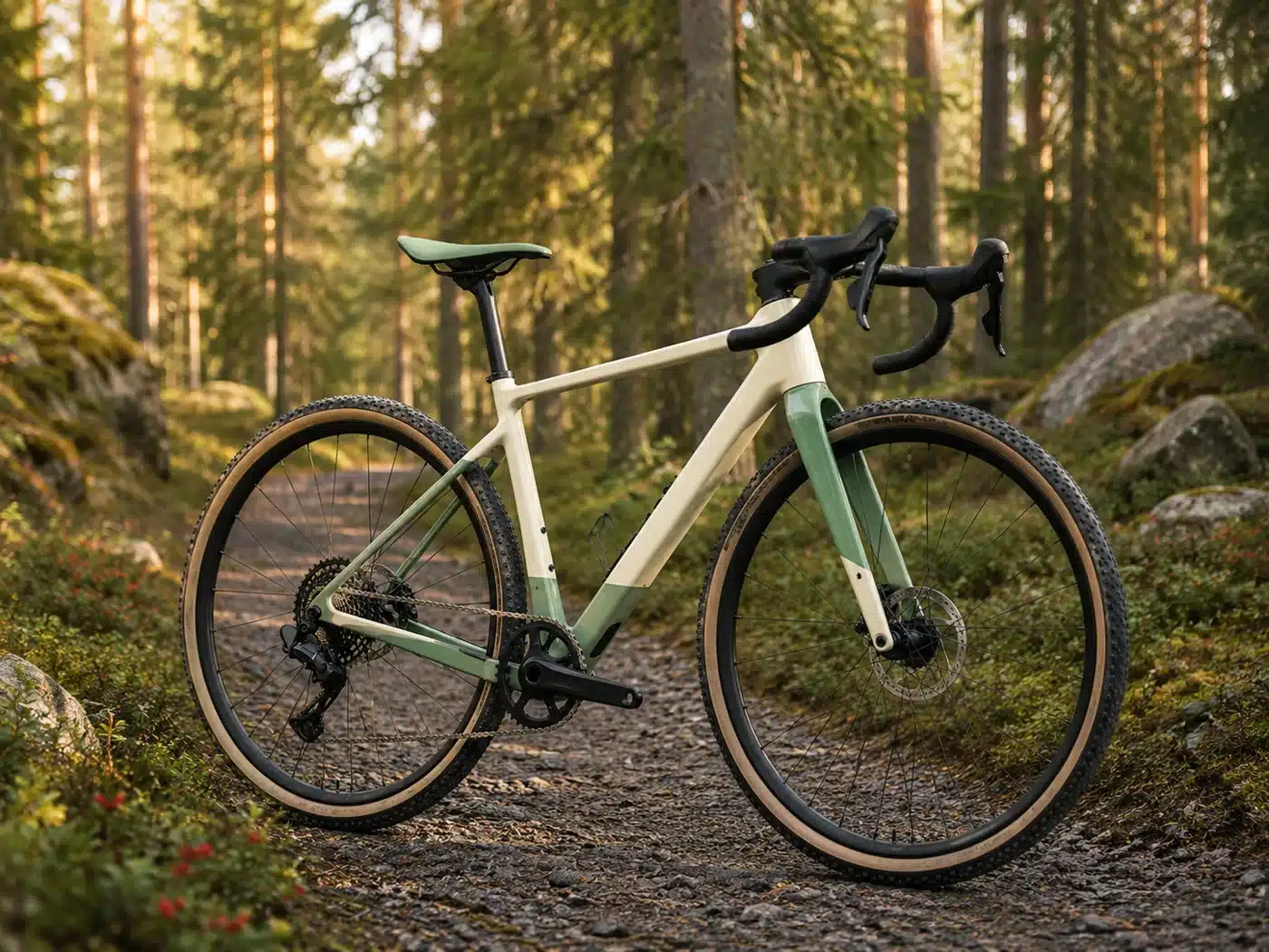 Kerma-vihreä gravel-pyörä sorapolulla suomalaisessa metsässä
